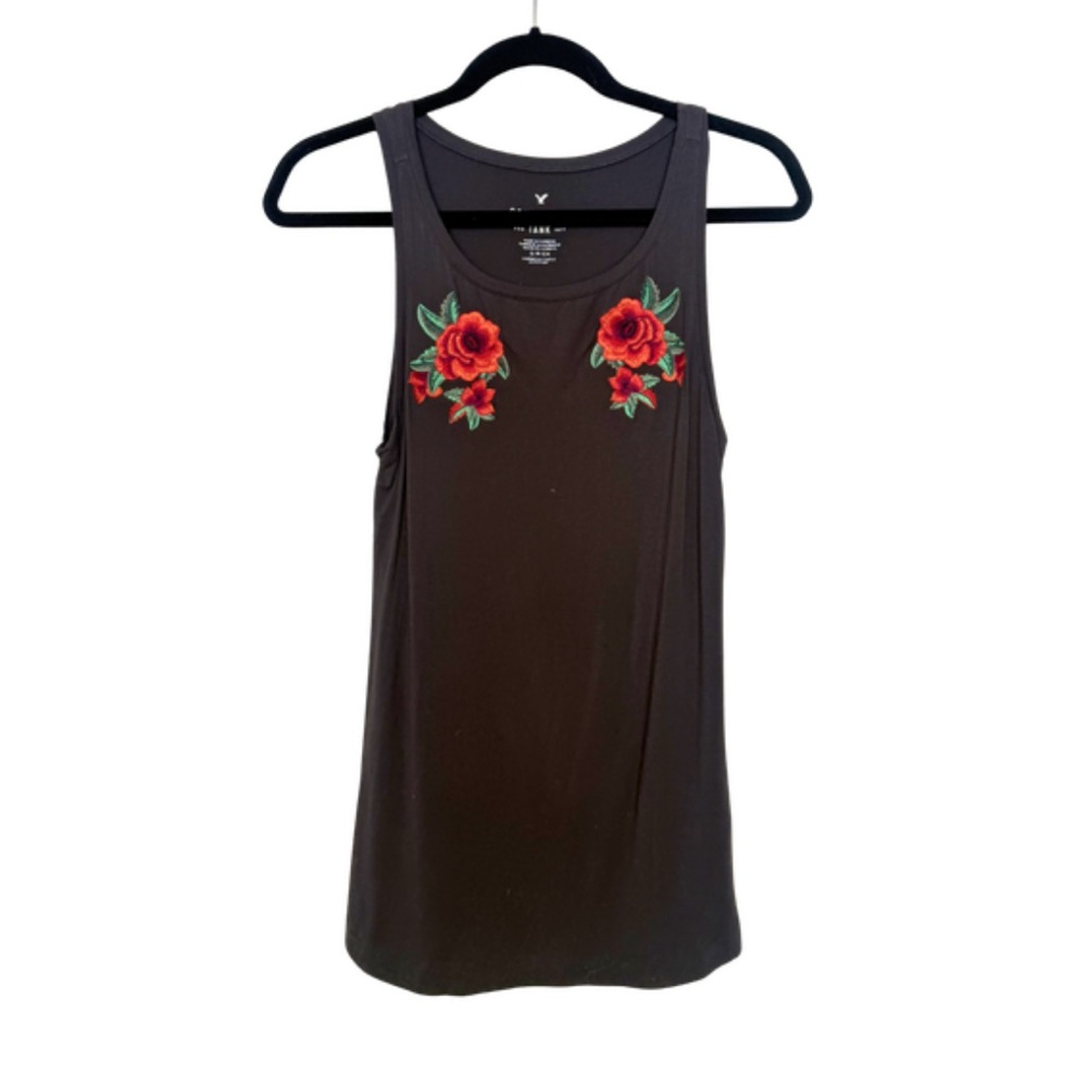American Eagle Outfitters Black Tank Top with Embroidered Chest Roses